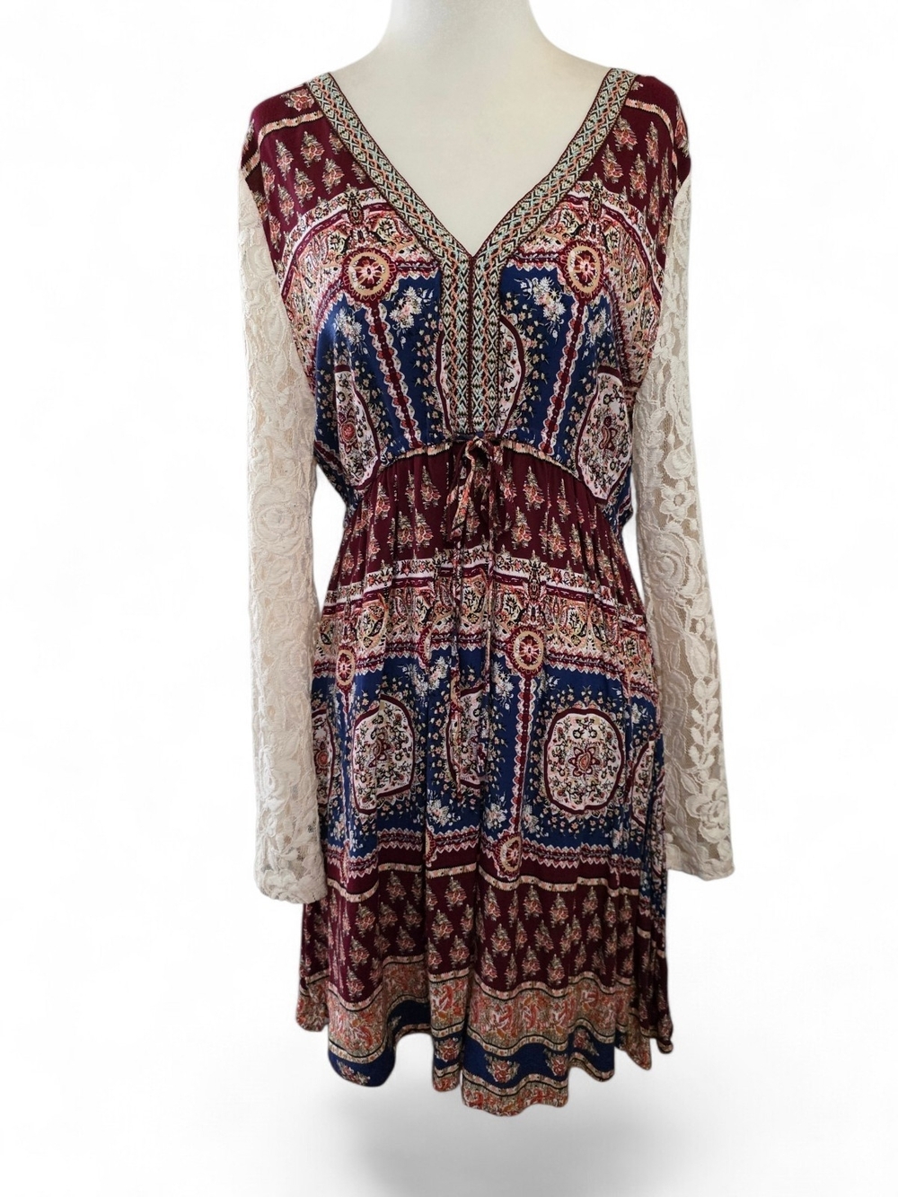 Kori America Burgundy and Navy Boho Lace-Sleeve V-Neck Dress